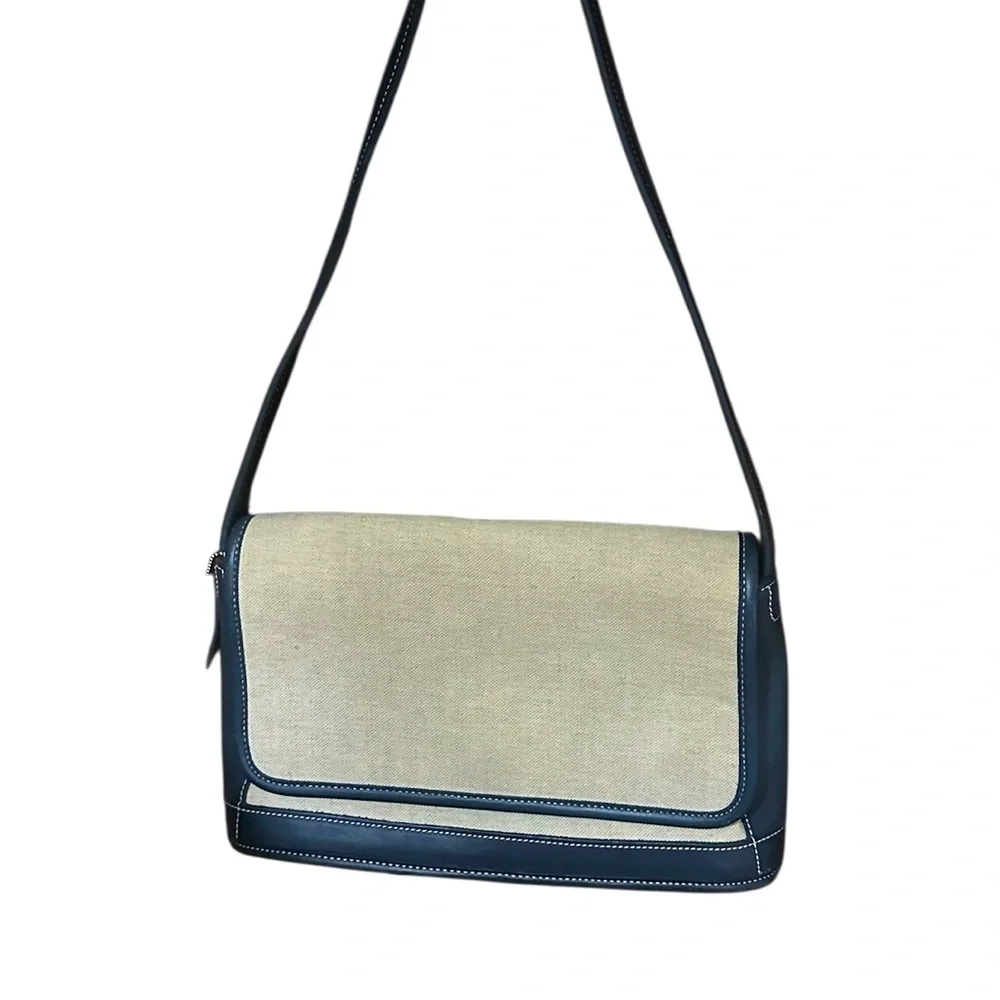 Vintage 90’s Coach Bleeker Flap Handbag Deep Navy Blue Leather & Wheat Canvas
